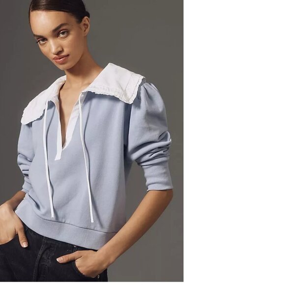 By Anthropologie Poplin-Collar V-Neck Sweatshirt  XL new with tag - Picture 1 of 4